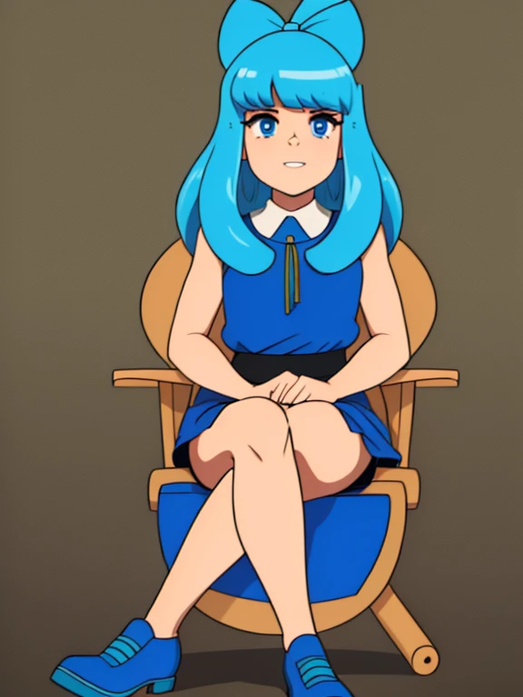 Solo cuerpo completo, ,clara sesemann,pelo rubio,Cinta para el pelo,blue eyes,vestido azul,, Sentado en silla de ruedas, volando por el espacio