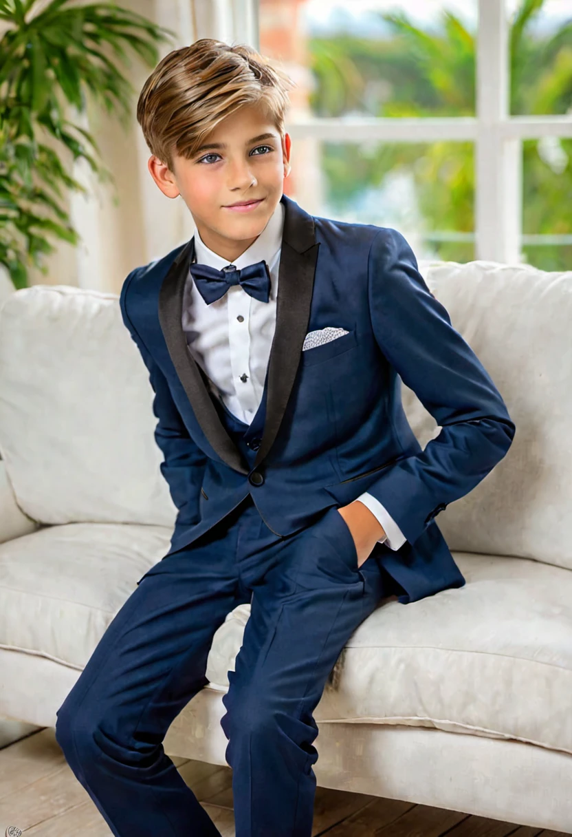 Beautiful and realistic  boy in tuxedo on the beach, carasultra detalladas, ., fotorrealista mejor calidad Imgen, EOS R7 mirrorless camera + Objetivo RF-S 18-150mm F3.5-6.3 IS STM de Canon A boy of 16 yearsold boy with very  hair,"sentado em el sofa", ojos grise, piel blanca, rasgos finos Americanos y europeos, con ropa muy formal y elegante, traje smokin color azul oscuro, Zapatos negro charol, en la sala de su casa, mirada alegre, dulce sonrisa, joy on the face, mejillas super delgadas. joven delgado. estatura media y delgado ( flaco