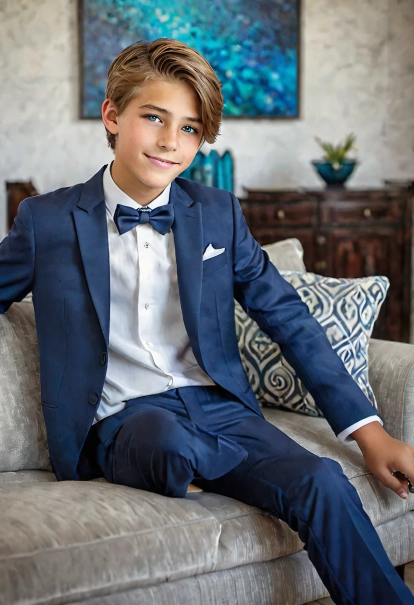 Beautiful and realistic  boy in tuxedo on the beach, carasultra detalladas, ., fotorrealista mejor calidad Imgen, EOS R7 mirrorless camera + Objetivo RF-S 18-150mm F3.5-6.3 IS STM de Canon A boy of 16 yearsold boy with very  hair,"sentado em el sofa", ojos grise, piel blanca, rasgos finos Americanos y europeos, con ropa muy formal y elegante, traje smokin color azul oscuro, Zapatos negro charol, en la sala de su casa, mirada alegre, dulce sonrisa, joy on the face, mejillas super delgadas. joven delgado. estatura media y delgado ( flaco