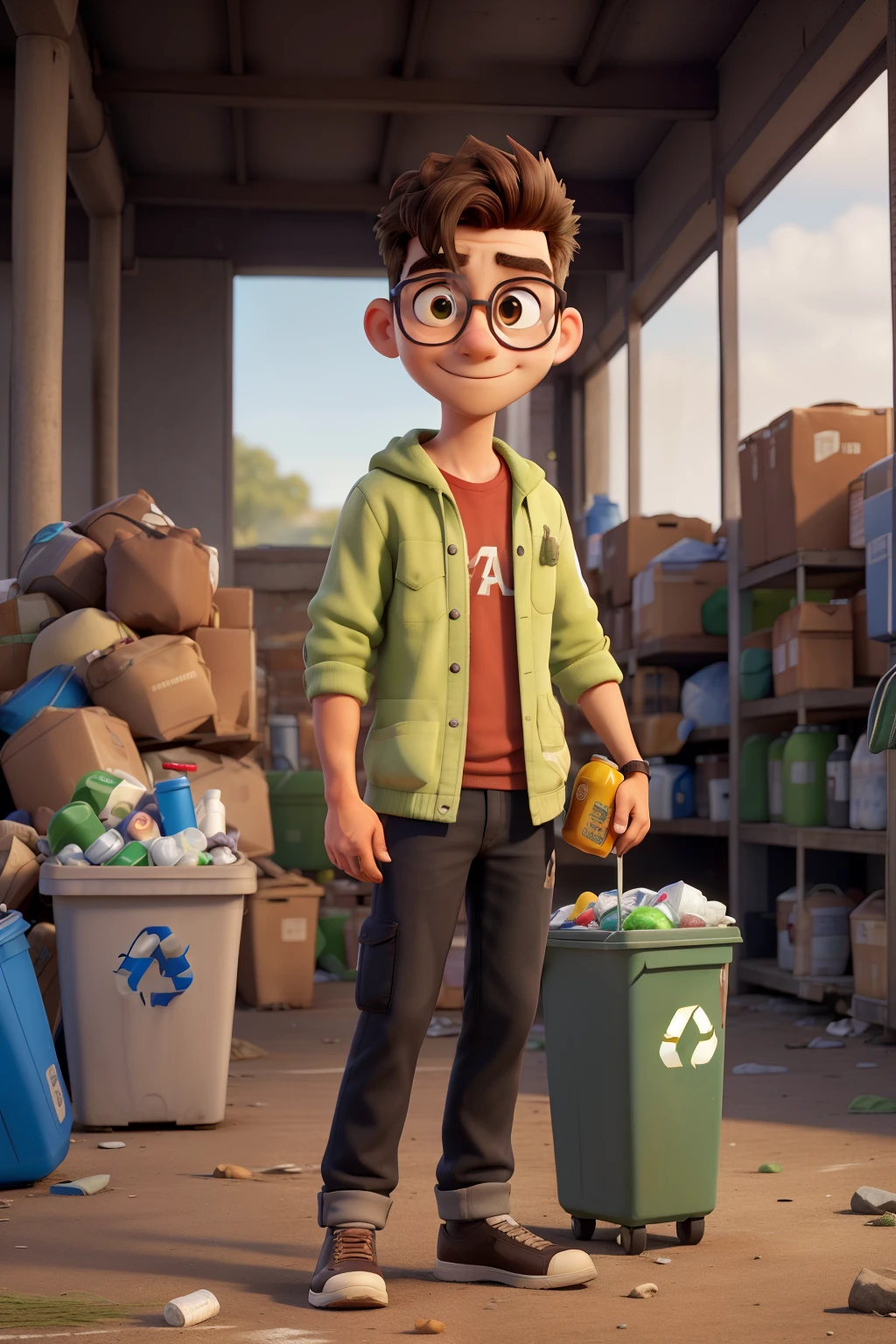 A photograph of a young man, cabello rubio oscuro, ojos verdes, usa lentes, who is at a recycling site leaving a beverage can that he is holding in his hand in a trash can, logos de reciclaje, cara detallada, ropa discreta, retrato, 8k hd, alta calidad