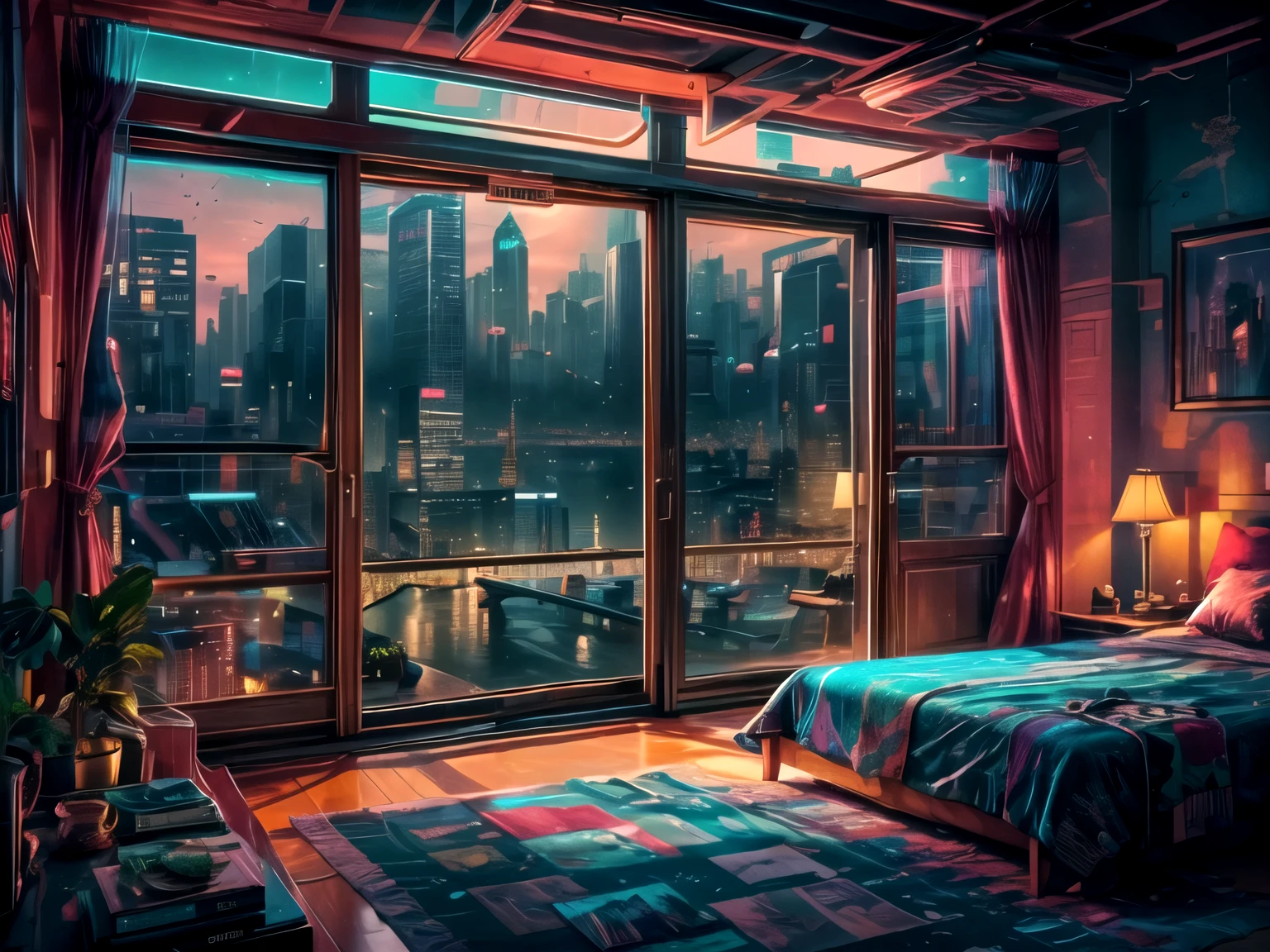 This a (((masterpiece))). Generate a cozy bedroom with a large window directly in front of the camera. The bedroom should be cool and peaceful, with retro furnishings and accessories. Through the window is brilliant cyberpunk city awash with neon light and blinking, colorful signs. It is nighttime, and the city is much brighter than the interior of the room. Contrast the peaceful interior of the bedroom with the busy, ultra-detailed cityscape seen through the window. The perspective of this artwork is from inside the bedroom looking out. 