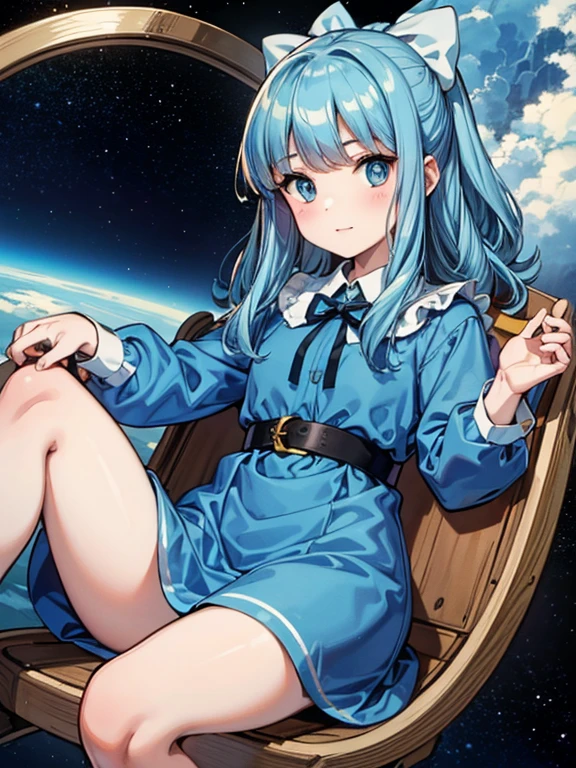 Solo cuerpo completo, ,clara sesemann,pelo rubio,Cinta para el pelo,blue eyes,vestido azul,, Sentado en silla de ruedas, volando por el espacio