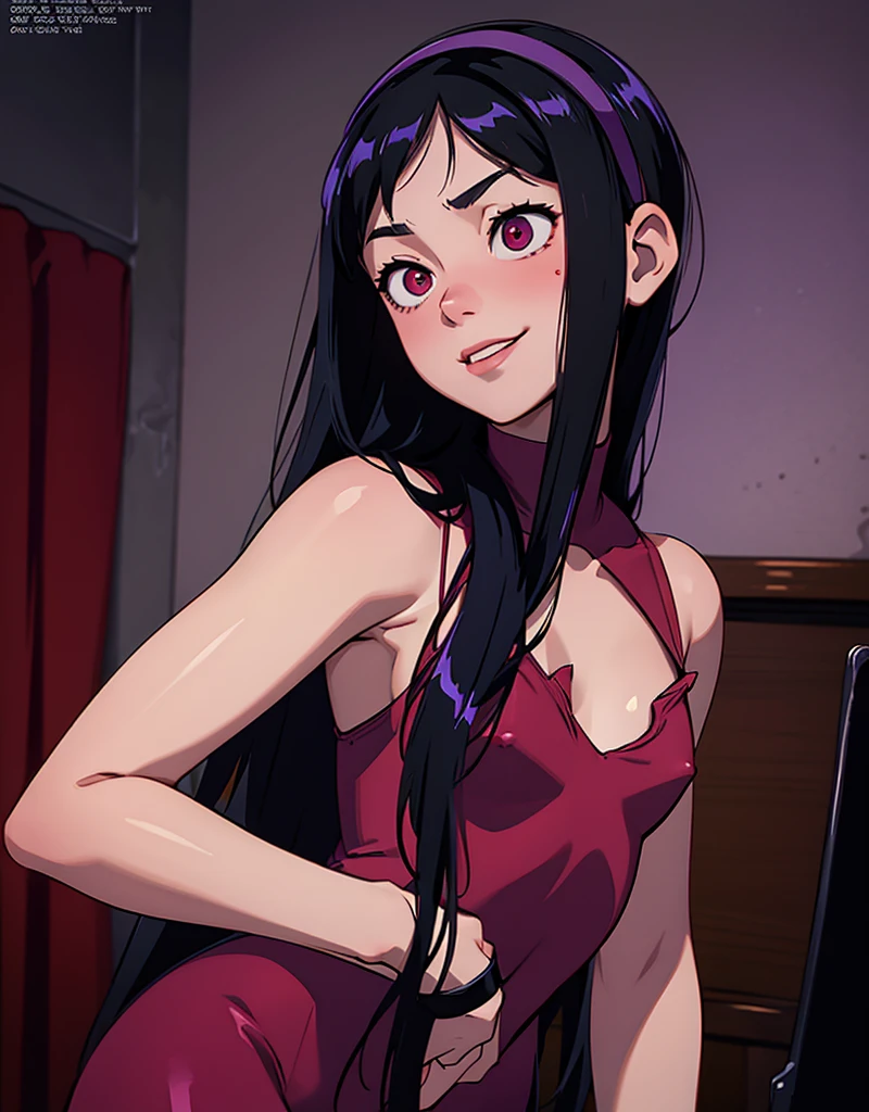 (((masterpiece))), HD 4k res image, no blur, Violet Parr possessed by perverted spirit, horror theme, in a creepy bedroom, night, smile, pleasure face, satisfied, glowing evil red eyes, long black hair, hairband, slender Lolicon body, small breast, h*ntai, nsfw, , sweating, blushing, revealing lingerie, prostituting, seductive pose