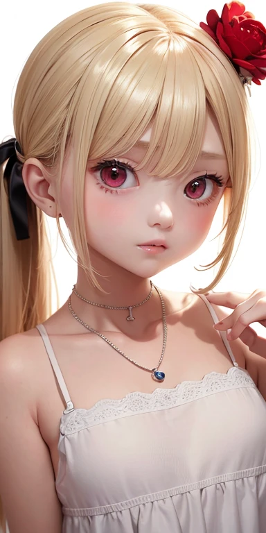 Top quality masterpiece illustrations、Blonde hair and red eyes、Wearing a necklace、Girl in white dress looking up、Beautiful face with hair in side ponytail at upper body angle is fair.。