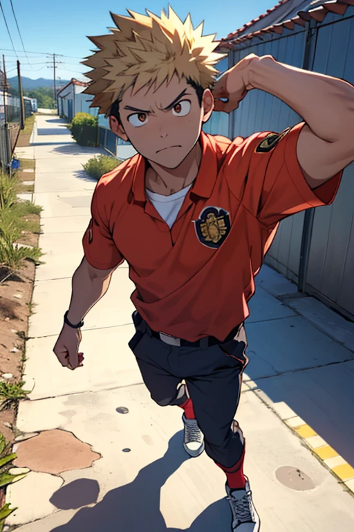 ((mejor calidad)), ((Obra maestra)), (detallado), cara perfecta, 1hombre, de cuclillass, boku no hero, Bakugo Katsuki, rubio, ojos rojizos, frown, sonria burlona, sacando la lengua, camisa sin mangas, pants, militar, tenis, camara desde abajo, vista a la camara, cuerpo en angulo. Background industrial, cielo naranja y rojo,