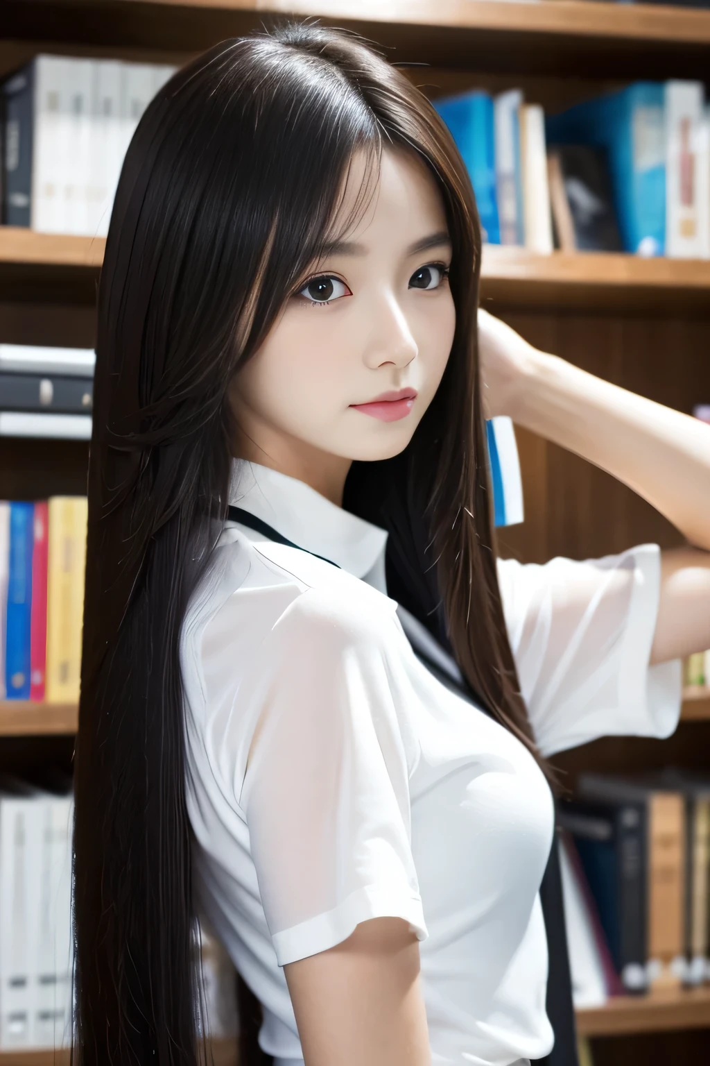 masterpiece, best quality, high resolution, extremely detailed photography, Professional lighting, A woman poses for a photo, Realistic young photo idol, She is about , White shirt, Twitch Live, beautiful fairy, Gogo Dancer, Suki, big collar, beautiful, In the library, Ian Hager, so cute, Kawaii,Black Hair, Straight hair one meter long,smooth hair,Lots of hair,Hair strands are clearly visible,The hair spreads out like a fan,Very thick hair,Top hair quality,Hair is too smooth,Exceptionally smooth hair,Dazzling shine on hair,Smooth hair,8k, Super Detail