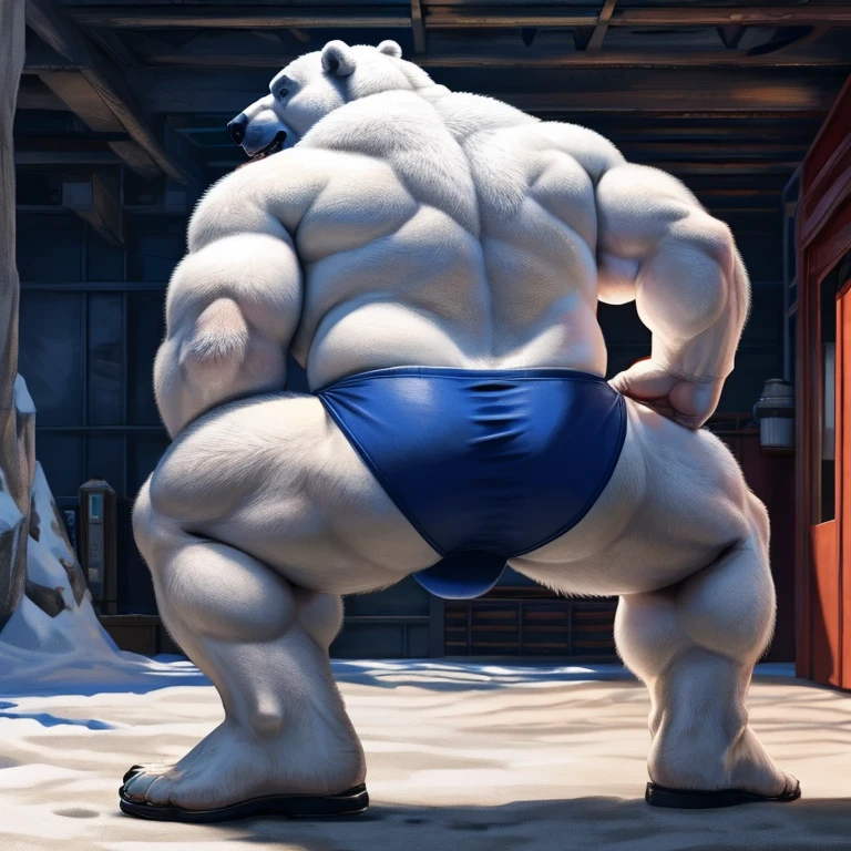 ((Polar Bear)), white teeth, ((standing)), saliva, (((white)) furred body)), ((dominant)), ((intimidating)), dilf, Daddy, father figure, mature male, hunk, pecs, ((crotch focus)), ((Antarctica)), ((very detailed background)), ((very detailed lighting)), ((very detailed hands)), ((well drawn hands)), ((very detailed crotch)), ((very detailed fur texture)), ((very detailed)), very high resolution, very high quality, back view, detailed speedo, big underwear bulge, squatting 