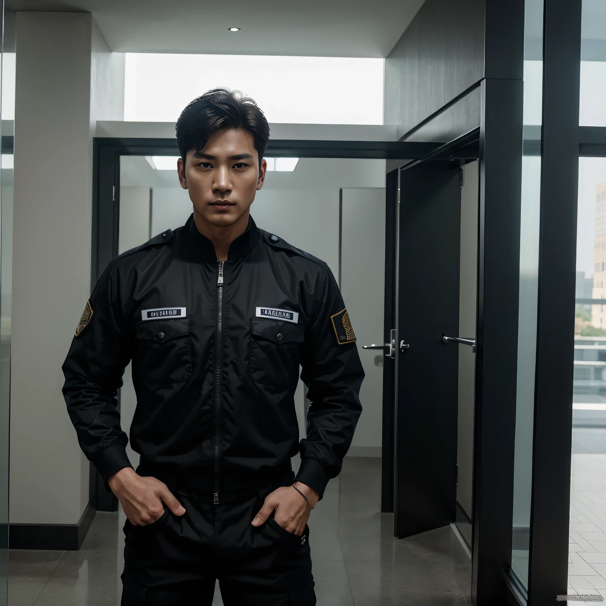 1boy, Security guard, Security uniform, korean, handsome, Dashing, six pack, , standing, 25 years, detailed face, (masterpiece), (best quality), (ultra detailed)