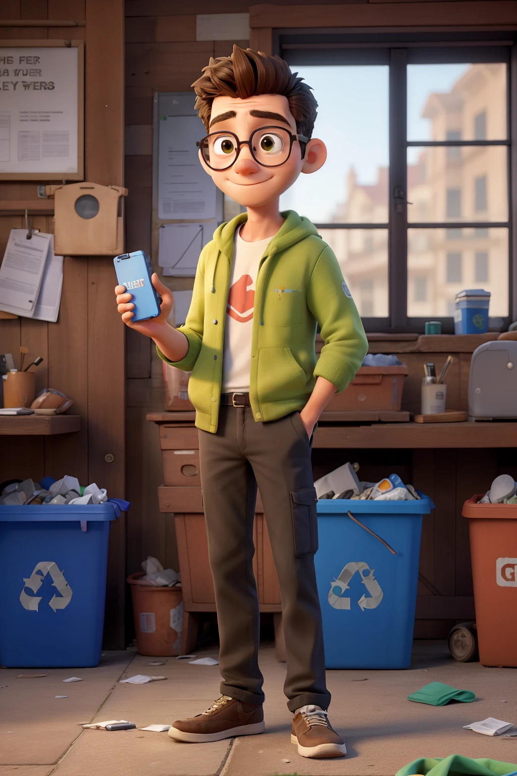 A photograph of a young man, cabello rubio oscuro, ojos verdes, usa lentes, has a phone in one hand, who is in a recycling place leaving a drink can that he is holding in his other hand inside a trash can, logos de reciclaje, cara detallada, ropa discreta, retrato, 8k hd, alta calidad