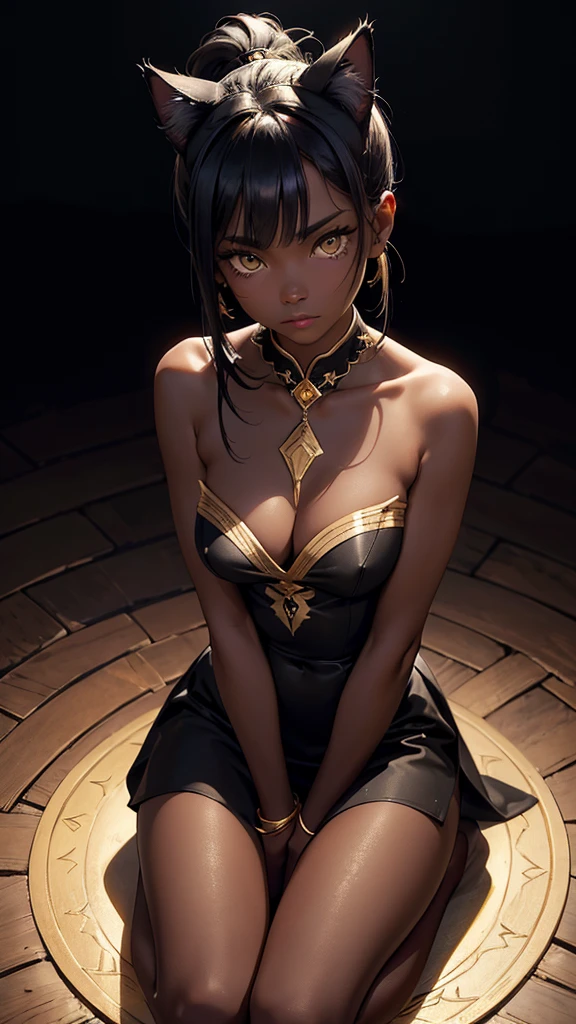 (high resolution, upper body, soft skin:1.2),(best illustration,masterpiece:1.2),ultra-detailed,[(cat ears , black inside:1.2, black ponytail hair, gold cat eyes, dark skin),vivid colors,sharp focus,studio lighting,bokeh, wearing a gold qupao, full body portrait sitting on the floor 