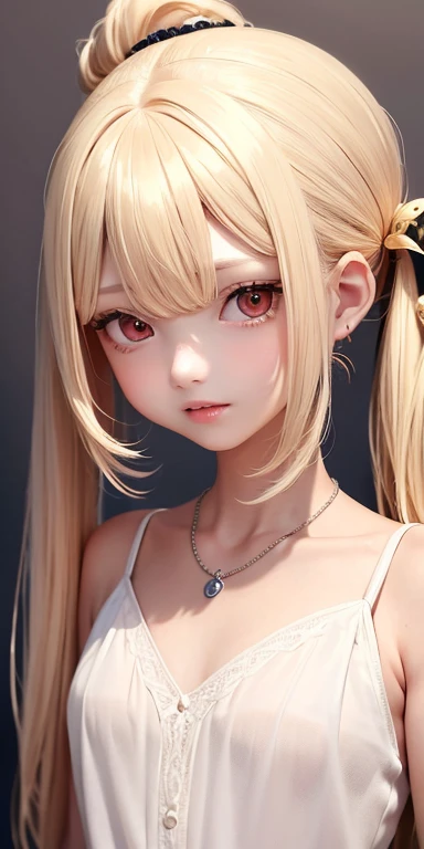 Top quality masterpiece illustrations、Blonde hair and red eyes、Wearing a necklace、Girl in white dress looking up、Beautiful face with hair in side ponytail at upper body angle is fair.。