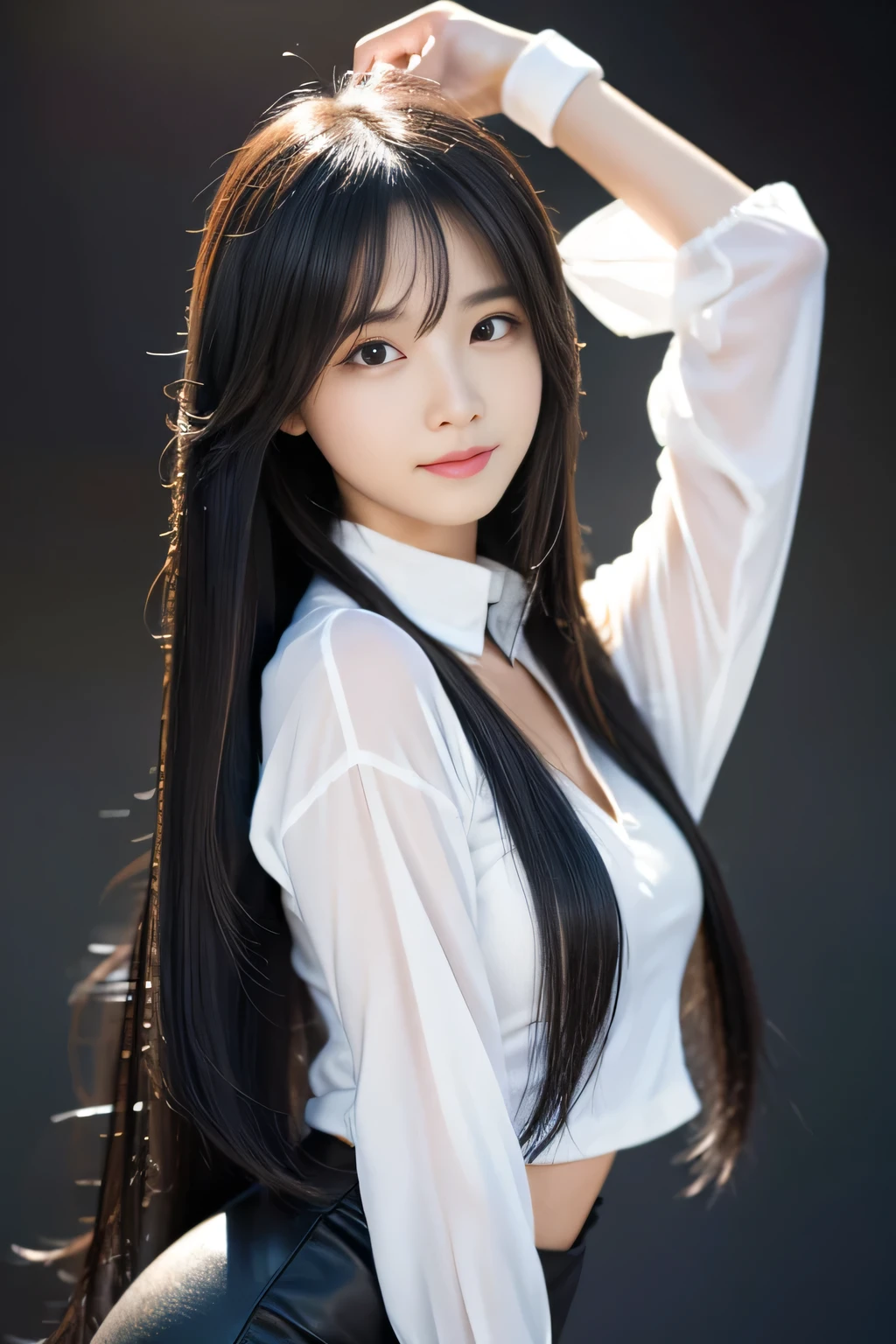 masterpiece, best quality, high resolution, extremely detailed photography, Professional lighting, The camera focuses on the frictionless black hair spinning in circles。Long black straight hair with a lot of volume,Friction-free hair,Hair is very smooth。The black and shiny hair swirled around and rushed towards the camera,A woman poses for a photo, Realistic young photo idol, She is about , White shirt, Twitch Live, beautiful fairy, Gogo Dancer, Suki, big collar, beautiful, In the hair, Ian Hager, so cute, Kawaii,Black Hair, Straight hair one meter long,smooth hair,Lots of hair,Hair strands are clearly visible,The hair spreads out like a fan,Very thick hair,Top hair quality,Hair is too smooth,Exceptionally smooth hair,Dazzling shine on hair,Smooth hair,8k, Super Detail