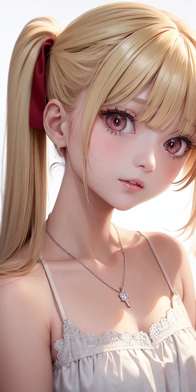Top quality masterpiece illustrations、Blonde hair and red eyes、Wearing a necklace、Girl in white dress looking up、Beautiful face with hair in side ponytail at upper body angle is fair.。