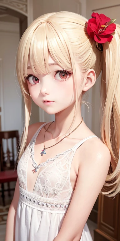 Top quality masterpiece illustrations、Blonde hair and red eyes、Wearing a necklace、Girl in white dress looking up、Beautiful face with hair in side ponytail at upper body angle is fair.。