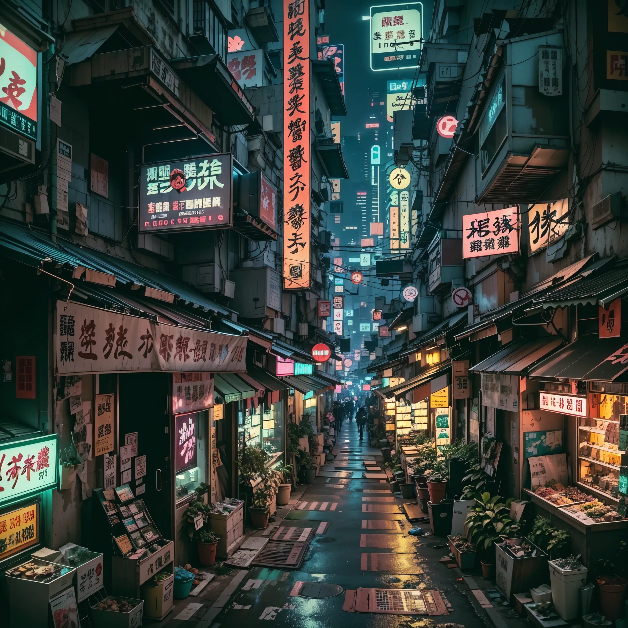there is a street with a store front and a store front, kowloon cyberpunk, cyberpunk alley, cyberpunk streets in japan, sci-fi cyberpunk city street, cyberpunk street at night, cyberpunk street, cyberpunk streets at night, bladerunner street alley, cyberpunk city street, tokyo anime scene, reminiscent of blade runner, cyberpunk back alley, kowloon cyberpunk cityscape