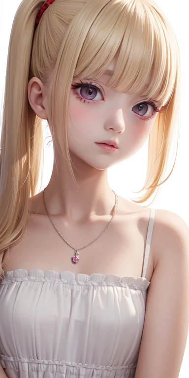 Top quality masterpiece illustrations、Blonde hair and red eyes、Wearing a necklace、Girl in white dress looking up、Beautiful face with hair in side ponytail at upper body angle is fair.。