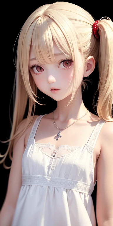 Top quality masterpiece illustrations、Blonde hair and red eyes、Wearing a necklace、Girl in white dress looking up、Beautiful face with hair in side ponytail at upper body angle is fair.。