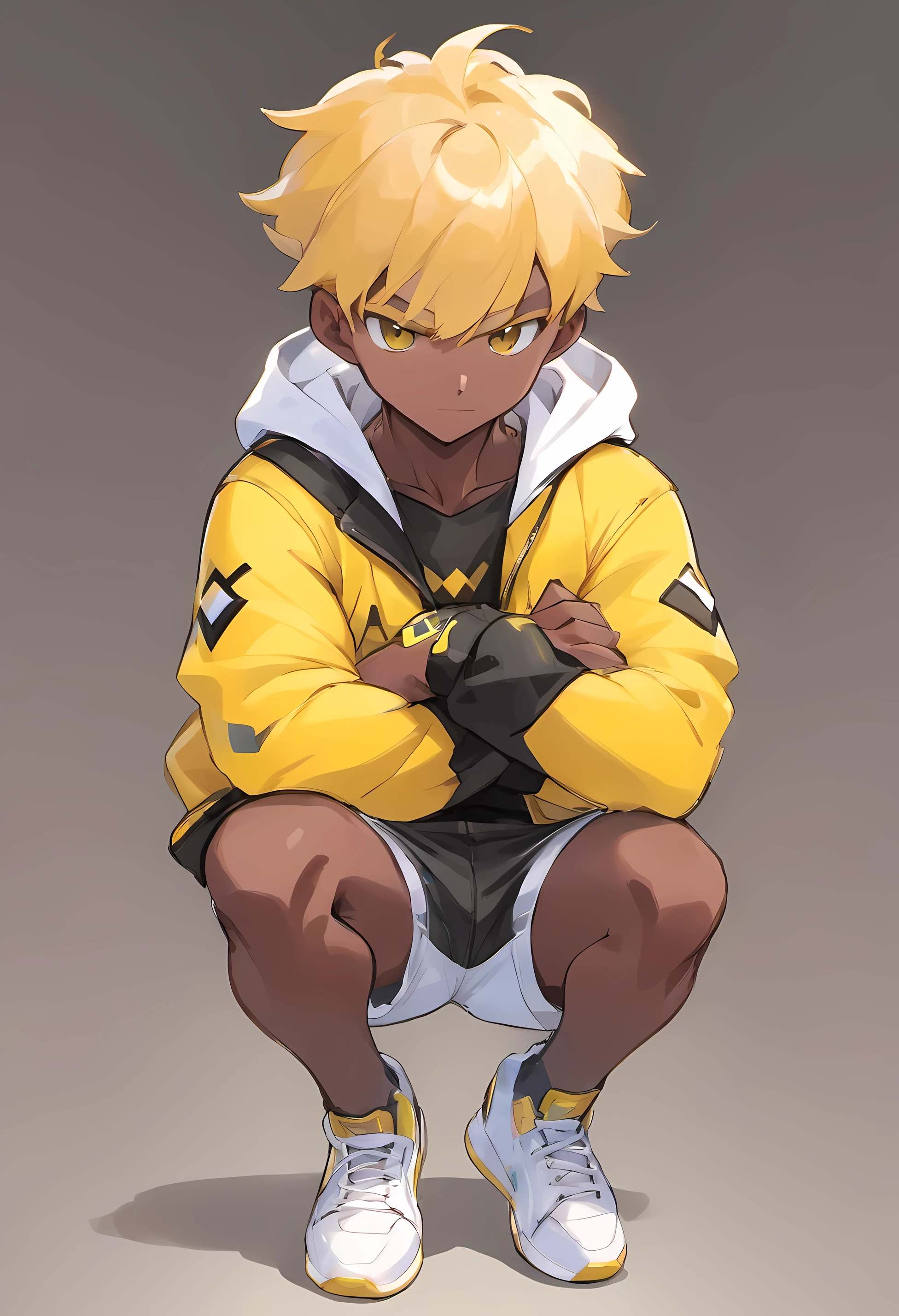 Solo Male, Dark Skin, Buzz Cut, Yellow Hair, Brown Eyes, Crossed Arms, Black Pokemon Trainer Jacket, White Short Pants, White Sneaker, Adult, Muscular