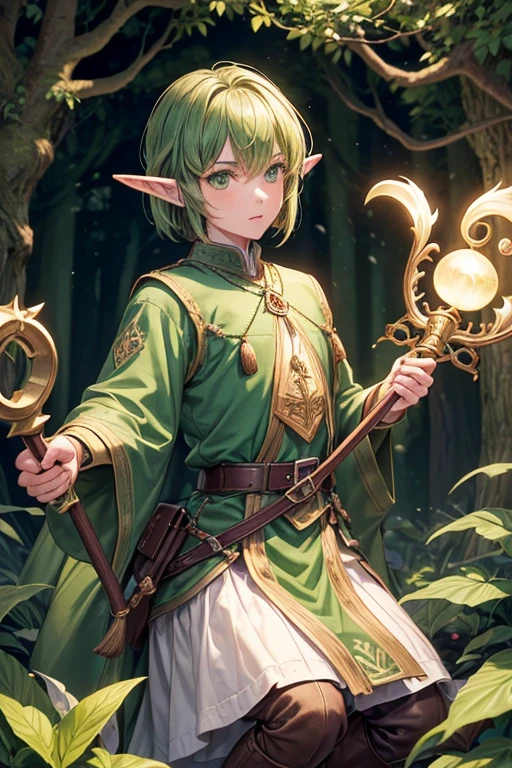 30 year old elf man with short brown hair with green tips, short messy hairstyle with fringes, pointed elf ears, light green druid medieval knight clothing, jade root ornaments, green eyes holding a staff with the emblem of Emerald jewels, brown boots, brown leather belt. roots decorations on the belt, forest background with magic symbols
