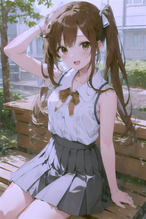 (Highest quality illustrations:1.2), (Kawaii Girl:1.1), (1girl in, solo:1.5), (1girl in、14years、childish、One pose、cute little、Neat and clean image、tiny chest:1.5、ultradetailed eyes:1.2)、(small tits,flat breast:1.1)、((Brown-eyed、Brown hair:1.5))、(shorth hair)、hair wavy、curlyhair、bangss、low twintails、short twintails、 (high-school uniform、summer clothing、Sleeveless、(white  shirt)、Light blue ribbon、Checked pleated skirt)、taken from the under、low angles、pantyshot、,The upper part of the body、huge smile、Open mouth、hi、Brown hair、shorth hair、hair wavy、low twintails、BREAK(top-quality、ultra-detailliert、highly detailed and beautiful、超A high resolution、Detailed arm:1.2)、sideways Facing、a closeup、bustup, Wink