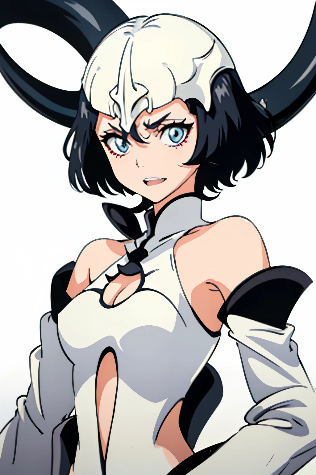 1girl, solo, arrancar, bare shoulders, short hair, half black hair, half white hair, long sleeves, long nails like claws, showing teeths, sharp teeths, simple background, white background,