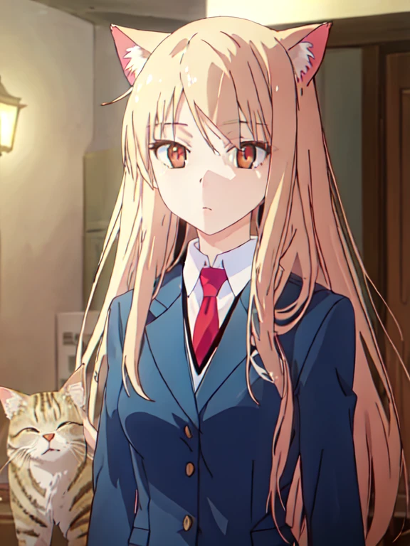 mejor calidad, Obra maestra, high resolution, solo, {Shiina_Mashiro_Sakurasounopetnakanojo:1.15}, rubio_cabello, Largo_cabello, rojo_eyes, Brown_eyes, 1 chica, Campana, Cuello, capucha, tintineo_Campana, Cuello_Campana, animal_capucha, gato_capucha, animal_Traje, gato_Traje, superior_cuerpo