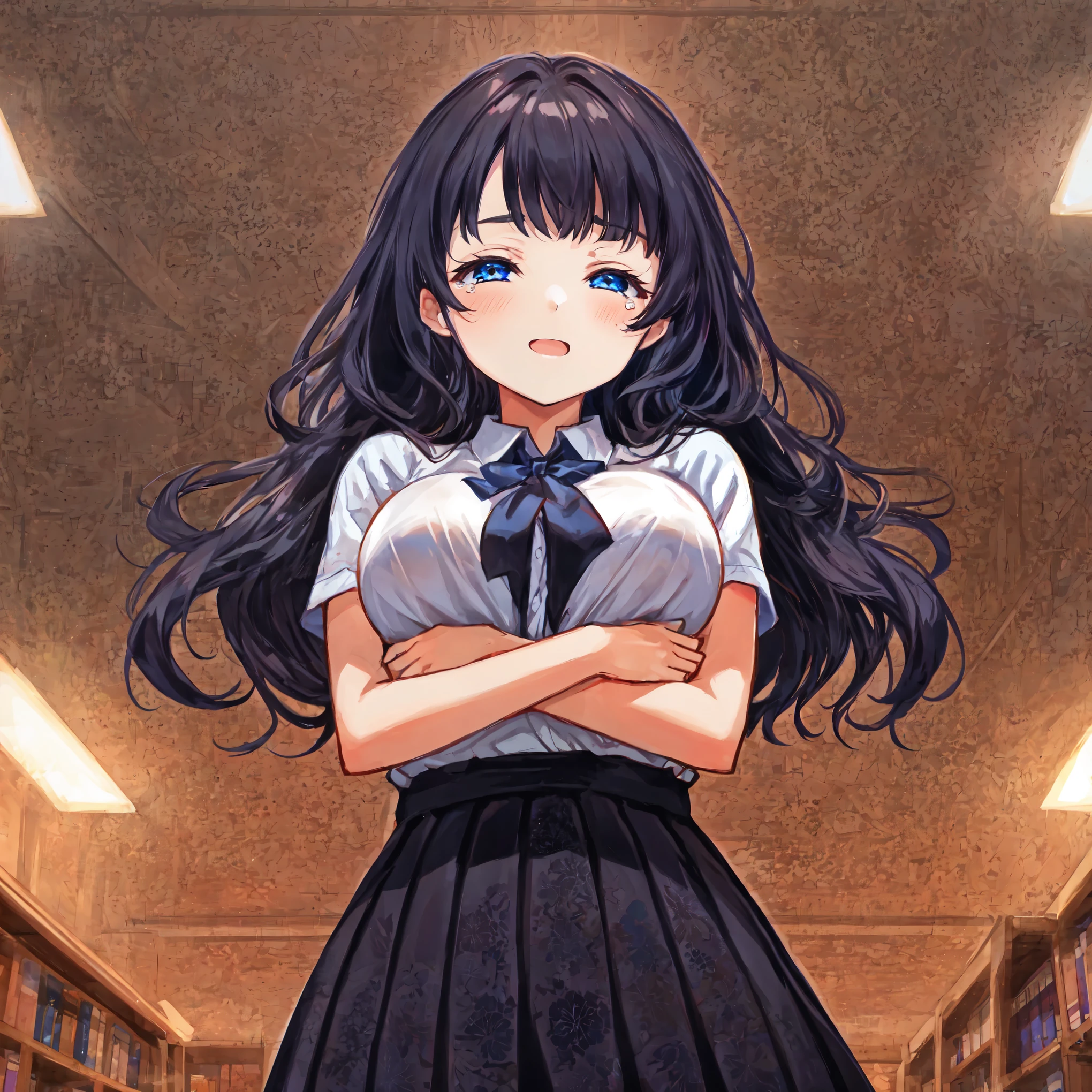 Beautiful illustrations,highest quality,Are crying,Lift your chest with your arms,closed mouth,inwardly curled hair black 1;4,From Below,{{beautiful large breasts 1:4}},Library,Bookshelf at the back,{{high school girl}},Black pleated skirt,highest quality,From Below,{{beautiful large breasts 1:4}},pretty girl,brush,High-quality backgrounds,Slanted Eyes,Detailed shirt chest wrinkles,{{{high school girl}}},BREAK,{{beautiful blue eye1:4}},BREAK,Five fingers