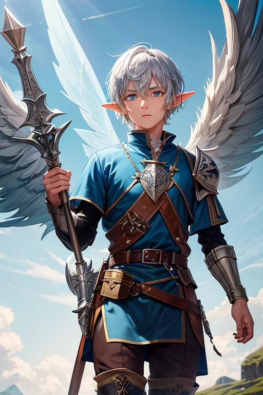 30 year old elf man with short silver hair with blue tips, short messy hairstyle with fringes, pointed elf ears, light blue medieval knight clothing, silver wing decorations, blue eyes holding a spear with wings emblem, brown boots, belt brown leather, wing decorations on the belt, forest background with magic symbols