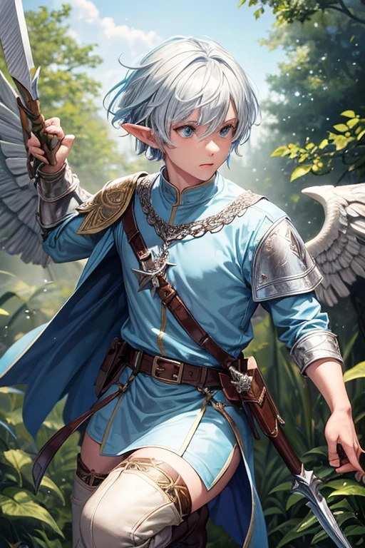 30 year old elf man with short silver hair with blue tips, short messy hairstyle with fringes, pointed elf ears, light blue medieval knight clothing, silver wing decorations, blue eyes holding a spear with wings emblem, brown boots, belt brown leather, wing decorations on the belt, forest background with magic symbols