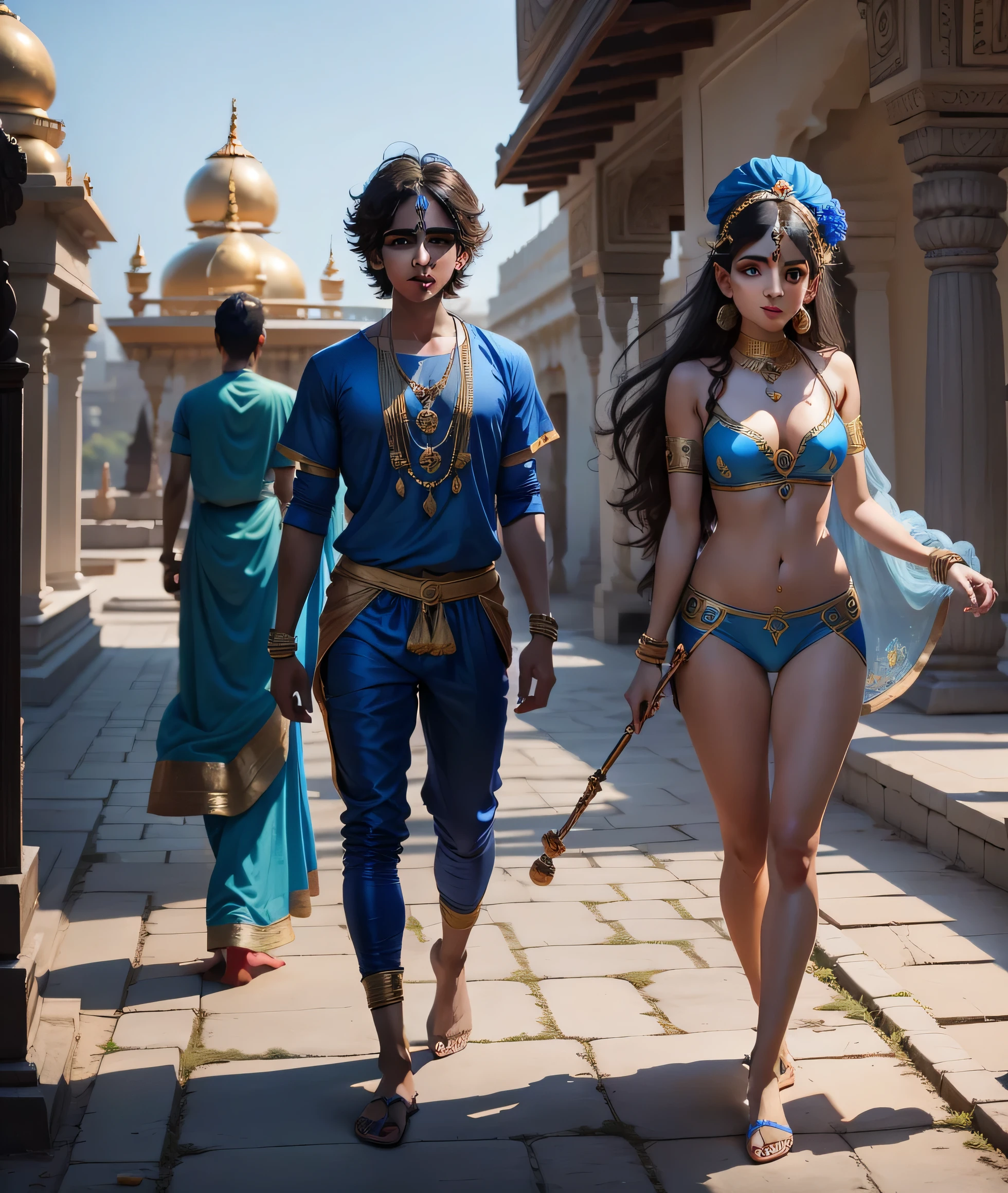 boy as krishna with partian blue body color and girl as radha realistic faces , full cover clothes, body color , flute on hand of krishna ,healthy radha krishna , dwarka ji temple background, 4k image