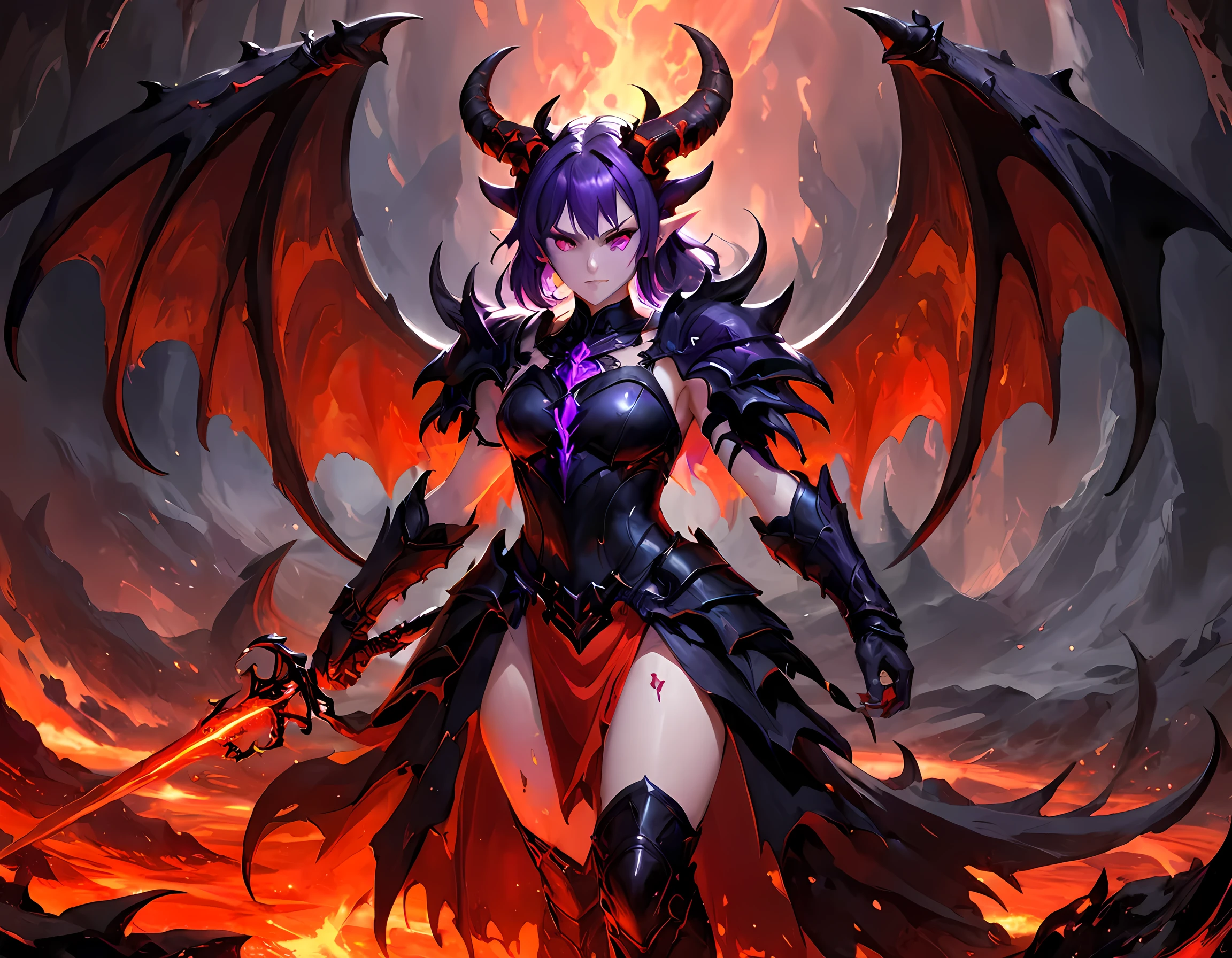 fantasy art, RPG art, masterpiece, a portrait picture o hellish female demon from hell, she has (black horns: 1.2), (black: 1.2) demon wings, (red: 1.3) skin, red lava dripping from her, she wears (white: 1.3) armor, (purple: 1.3) ArmoredDress, streams of rolling lava, hell in the background, 3d rendering, shadow wings