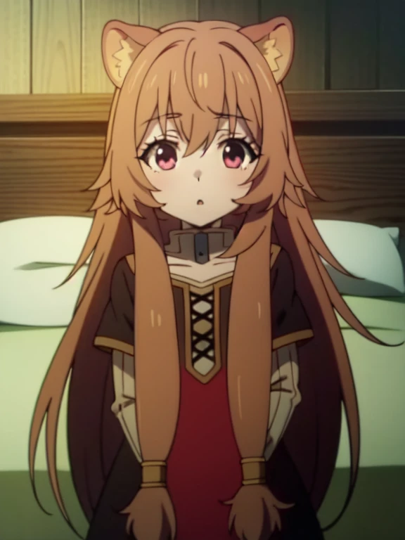 raphtalia,golpes,Largo_cabello,Brown_cabello,cabello_entre_eyes, (pecho plano:1.2), (Child:1.2), anime screencap, high resolution, camisa suelta, sentado en la cama, adentro, desde arriba, buscando