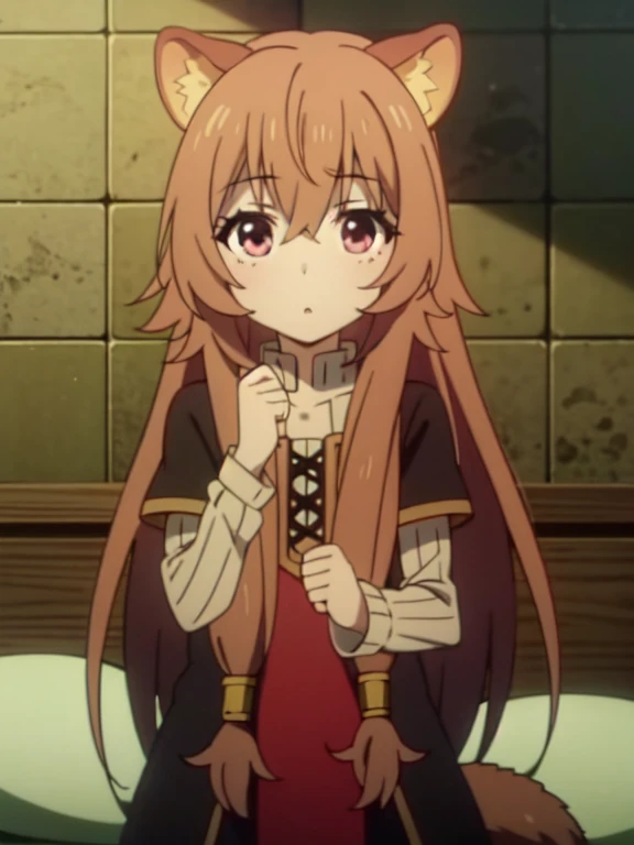 raphtalia,golpes,Largo_cabello,Brown_cabello,cabello_entre_eyes, (pecho plano:1.2), (Child:1.2), anime screencap, high resolution, camisa suelta, sentado en la cama, adentro, desde arriba, buscando