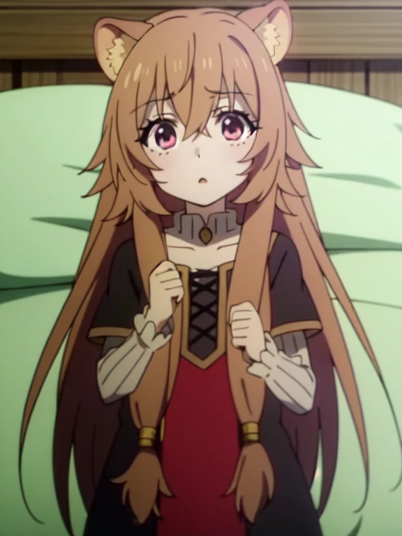 raphtalia,golpes,Largo_cabello,Brown_cabello,cabello_entre_eyes, (pecho plano:1.2), (Child:1.2), anime screencap, high resolution, camisa suelta, sentado en la cama, adentro, desde arriba, buscando