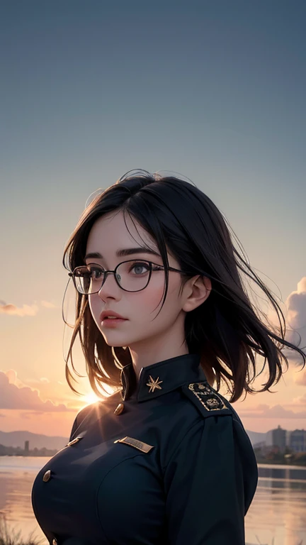 Ultra-high definition, best of quality image, showcasing an Ultra-detailed and intricately rendered female character in uniform. Her beautiful and well-groomed face is accentuated by the melancholic atmosphere of dusk, with glasses adding a touch of elegance and sophistication. Delicate depictions of clouds add depth and complexity to the Amazing depiction art, making it truly a masterpiece and the finest work of CG art. (1 female:1.5)
The subject of this picture is a uniformed woman of exceptional beauty, her face perfectly detailed and beautifully rendered. With a melancholic expression, she gazes off into the distance, her glasses a distinguishing feature