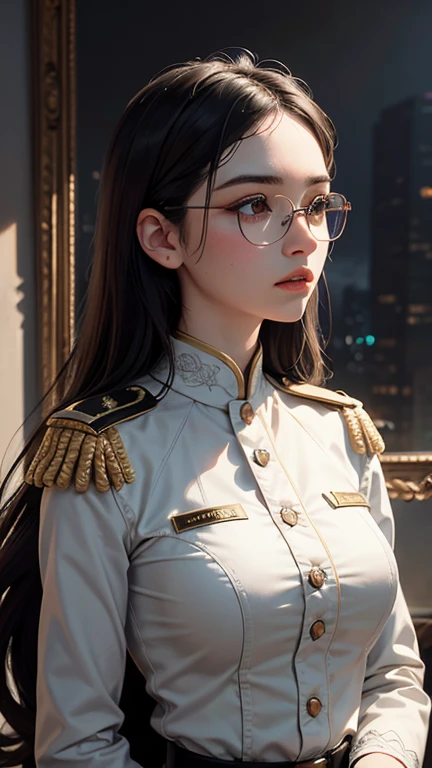 Ultra-high definition, best of quality image, showcasing an Ultra-detailed and intricately rendered female character in uniform. Her beautiful and well-groomed face is accentuated by the melancholic atmosphere of dusk, with glasses adding a touch of elegance and sophistication. Delicate depictions of clouds add depth and complexity to the Amazing depiction art, making it truly a masterpiece and the finest work of CG art. (1 female:1.5)
The subject of this picture is a uniformed woman of exceptional beauty, her face perfectly detailed and beautifully rendered. With a melancholic expression, she gazes off into the distance, her glasses a distinguishing feature