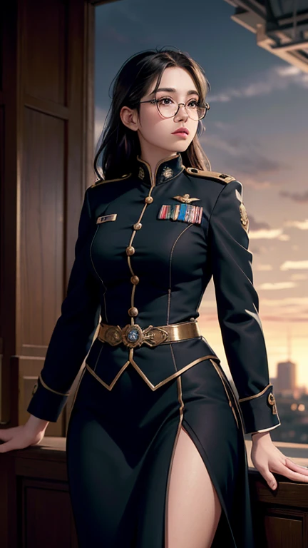 Ultra-high definition, best of quality image, showcasing an Ultra-detailed and intricately rendered female character in uniform. Her beautiful and well-groomed face is accentuated by the melancholic atmosphere of dusk, with glasses adding a touch of elegance and sophistication. Delicate depictions of clouds add depth and complexity to the Amazing depiction art, making it truly a masterpiece and the finest work of CG art. (1 female:1.5)

The subject of this picture is a uniformed woman of exceptional beauty, her face perfectly detailed and beautifully rendered. With a melancholic expression, she gazes off into the distance, her glasses a distinguishing feature