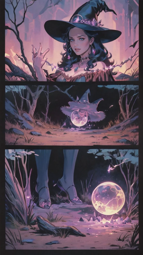 "Witchy Accessories": An illustration showcasing the iconic accessories of witches, including a pointed hat, broomstick, cauldron, and crystal ball, arranged in a visually appealing composition, Ultra realism, color field printing, high detail, UHD, 8k, anatomically correct, cinematic lighting 4d quality