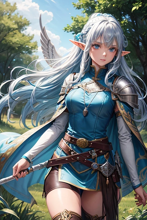 30 year old elf woman with long silver hair with blue tips, messy curly hairstyle with fringes, pointed elf ears, light blue medieval knight clothing, silver wing ornaments, blue eyes holding a spear with wings emblem, brown boots, belt brown leather, wing decorations on the belt, forest background with magic symbols