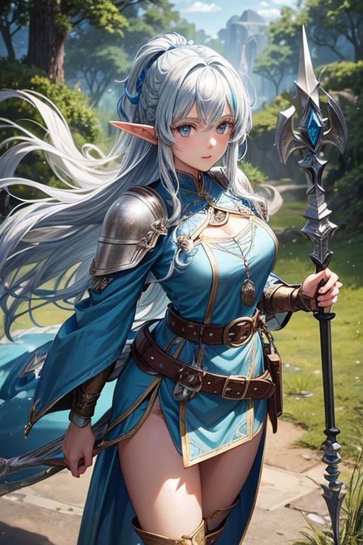 30 year old elf woman with long silver hair with blue tips, messy curly hairstyle with fringes, pointed elf ears, light blue medieval knight clothing, silver wing ornaments, blue eyes holding a spear with wings emblem, brown boots, belt brown leather, wing decorations on the belt, forest background with magic symbols