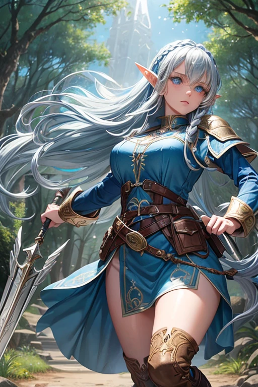 30 year old elf woman with long silver hair with blue tips, messy curly hairstyle with fringes, pointed elf ears, light blue medieval knight clothing, silver wing ornaments, blue eyes holding a spear with wings emblem, brown boots, belt brown leather, wing decorations on the belt, forest background with magic symbols