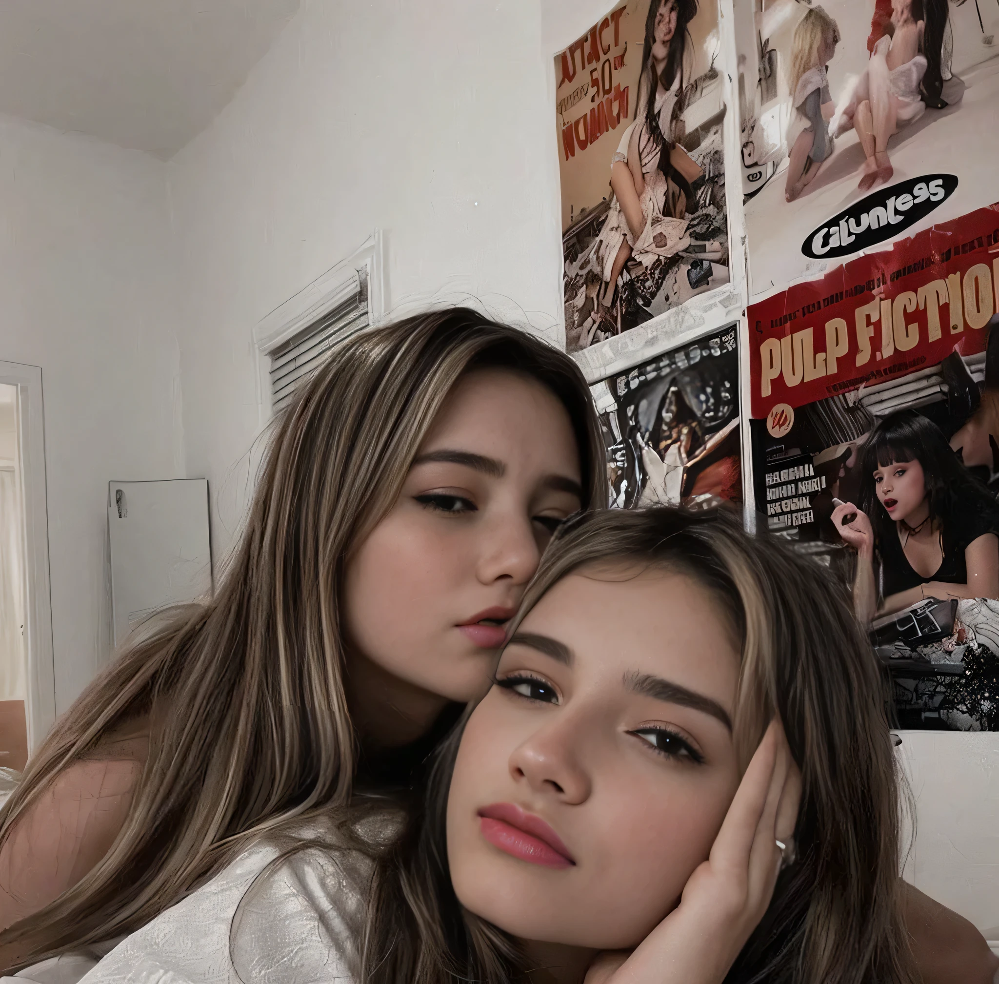 two women are lying on a bed with their heads together, vibraciones molestas de hermana, vibraciones de hermana mayor, 📷 ausencia y rumpleteazer, tumblr, alta calidad de imagen, Vibraciones de amigos de la infancia, two girls, imagen de alta calidad, girl screaming yolo - aesthetic, 😭🤮 💔, memes, en el dormitorio en una fiesta de pijamas