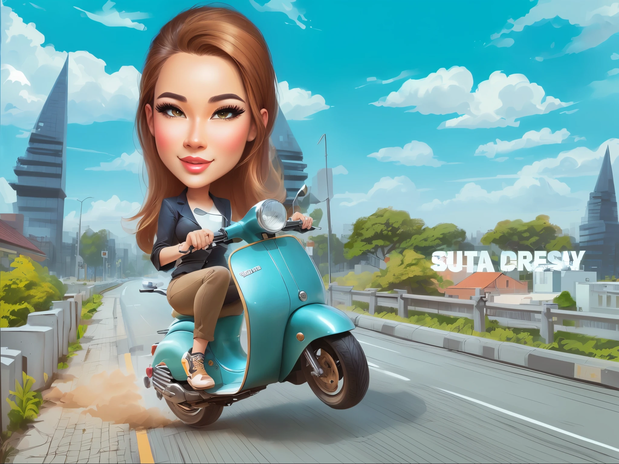 cartoon woman riding a scooter on a city street, The rear wheels emit dust due to the speed of the motorbike, The front wheel of the motorbike is lifted free style, the hair color is slightly black golden, The weather is sunny during the day, caricature illustration, cartoon artstyle, caricature style, realism artstyle, cartoon style illustration, cartoon digital painting, in cartoon style, cartoon digital art, digital art cartoon, cartoon art style, 3 d cartoon, cartoon art, caricature!!!, in style of digital illustration, inspired by Rudy Siswanto, realistic cartoon