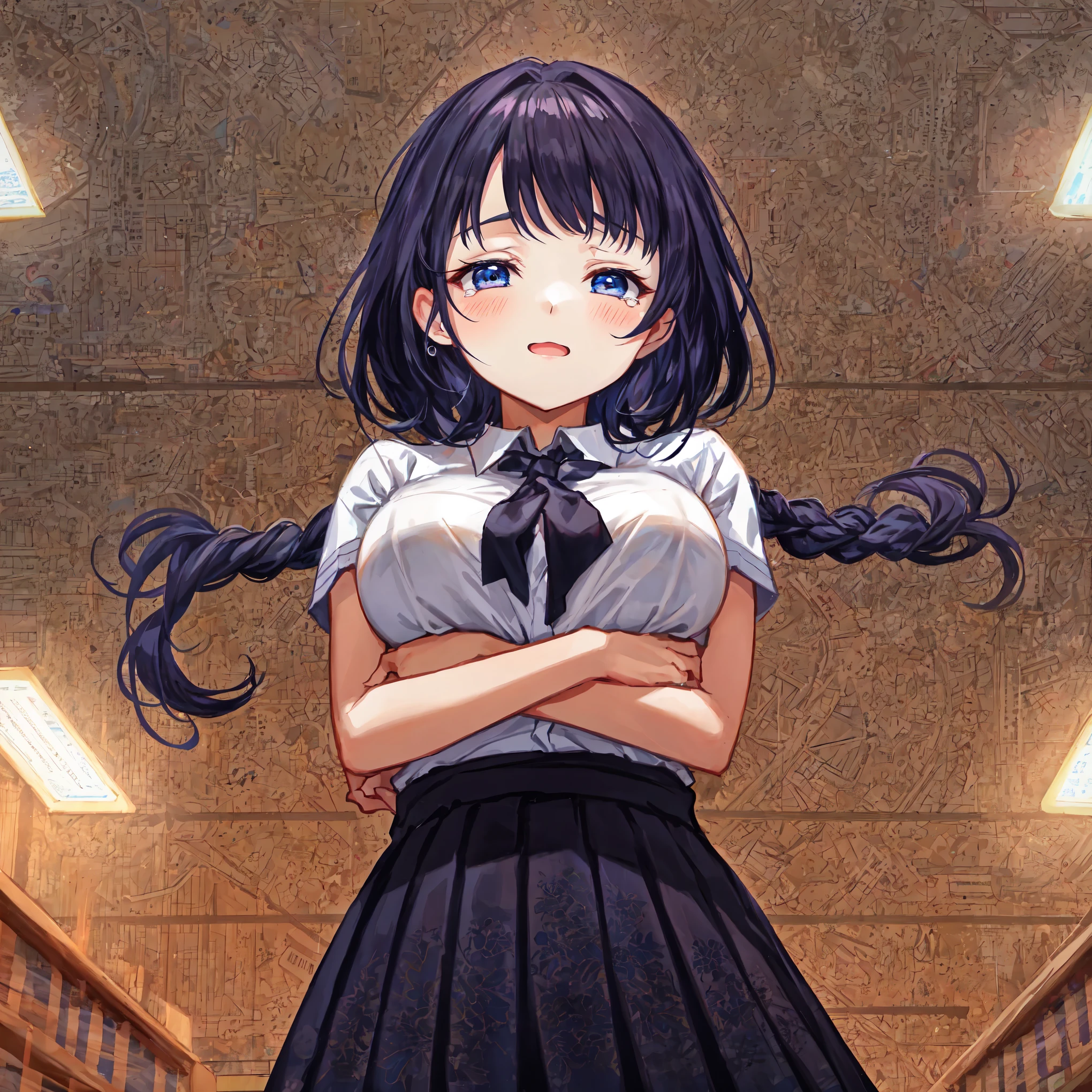 Beautiful illustrations,highest quality,Are crying,half-up braid black 1;4,From Below,Lift your chest with your arms,{{beautiful large breasts 1:4}},Library,{one eye closed},{{high school girl}},Black pleated skirt,highest quality,From Below,{{beautiful large breasts 1:4}},pretty girl,brush,High-quality backgrounds,Slanted Eyes,Detailed shirt chest wrinkles,{{{high school girl}}},BREAK,{{beautiful blue eye1:4}},BREAK,Five fingers