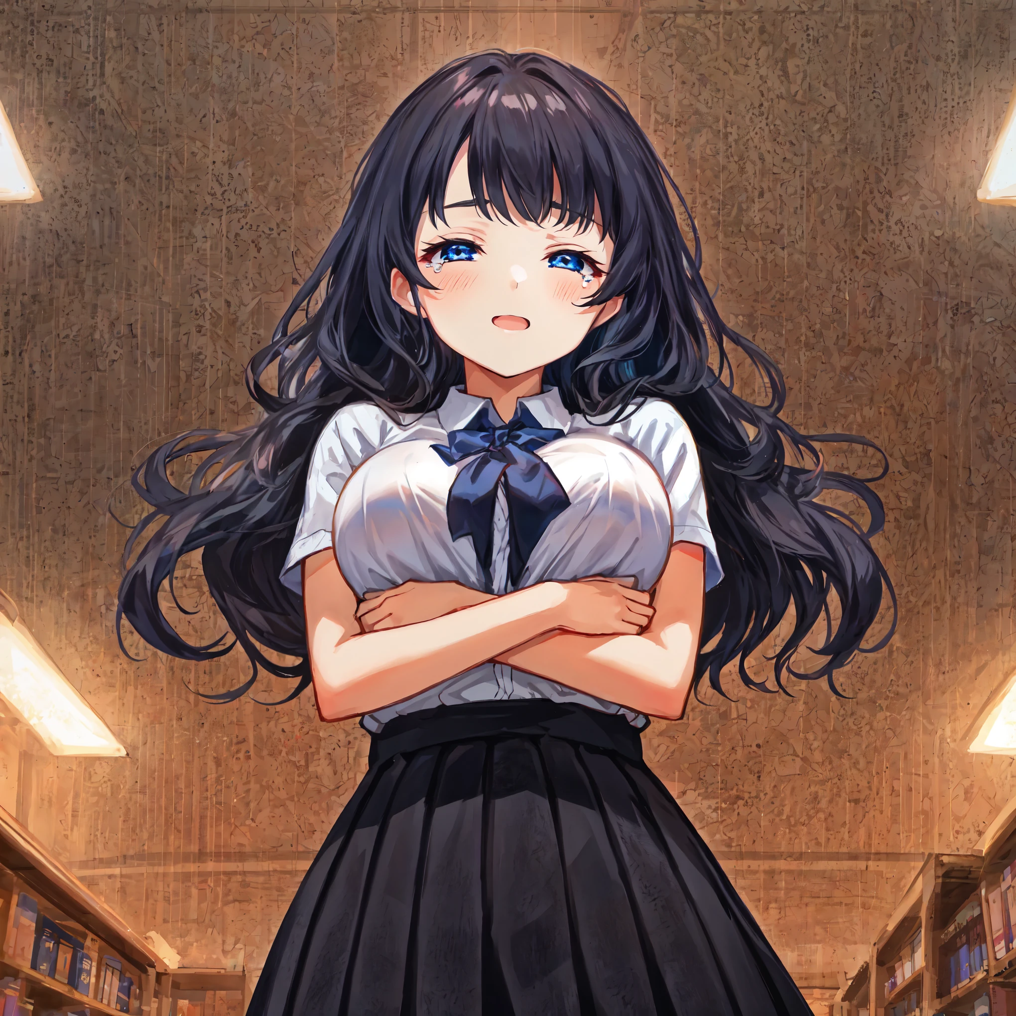 Beautiful illustrations,highest quality,Are crying,half-up braid black 1;4,From Below,Lift your chest with your arms,{{beautiful large breasts 1:4}},Library,{one eye closed},{{high school girl}},Black pleated skirt,highest quality,From Below,{{beautiful large breasts 1:4}},pretty girl,brush,High-quality backgrounds,Slanted Eyes,Detailed shirt chest wrinkles,{{{high school girl}}},BREAK,{{beautiful blue eye1:4}},BREAK,Five fingers