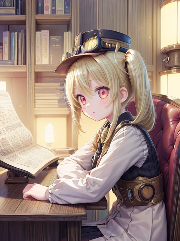 (masterpiece:1.2) , (best quality:1.2) , (Super detailed:1.2), 2.5D,Extremely detailed,Japanese cartoons,girl,Blonde hair,Side Ponytail,rest,Red Eyes,rest,A steampunk illustration of a city with a newspaper-selling girl wearing a hat and goggles