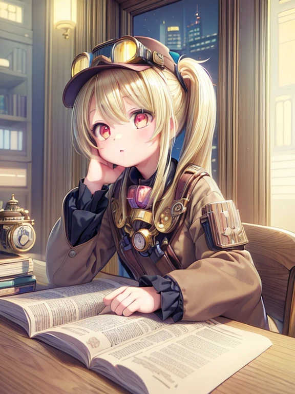 (masterpiece:1.2) , (best quality:1.2) , (Super detailed:1.2), 2.5D,Extremely detailed,Japanese cartoons,girl,Blonde hair,Side Ponytail,rest,Red Eyes,rest,A steampunk illustration of a city with a newspaper-selling girl wearing a hat and goggles