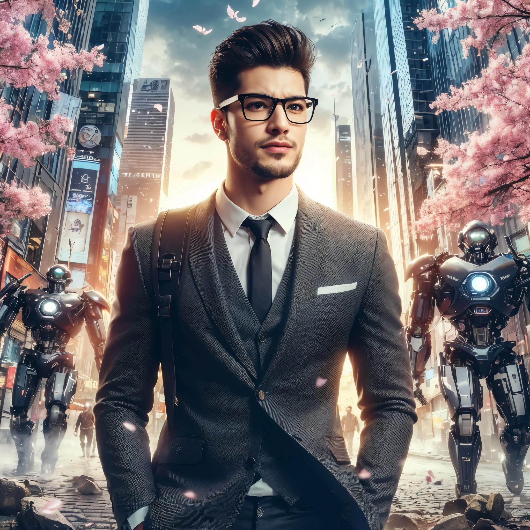 Professional photography masterpiece with 1 model fullbody: a confident, charming man in modern suit casual trendy attire, 20 years old, short black taper fade hair trendy, wearing trendy eyeglasses, with a subtle smile, looking happy, posing like as walking on a streetcity cyberpunk, against a breathtaking cherry blossom falling, bulding backdrop with added robotic around, resembling a Sony 7000D photo, in high definition with dramatic lighting and added power color effects, ultra realistis, high definition