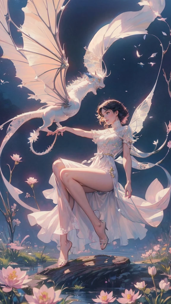 ((best quality)), ((masterpiece)), (detailed), ethereal beauty, perched on a pink blossom tree, (fantasy illustration:1.3), enchanting gaze, captivating pose, solo girl, delicate butterfly wings, otherworldly charm, mystical sky, (Luis Royo:1.2), (Yoshitaka Amano:1.1), moonlit night, soft colors, (detailed cloudscape:1.3), (high-resolution:1.2) (dragon flying in the sky) long white dress, legs dangling above pond, long victorian dress,