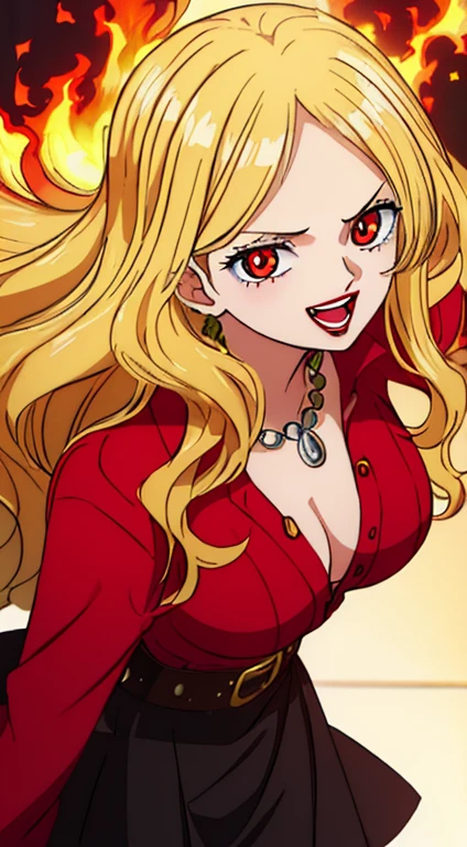 Beautiful anime girl, solo, 1girl, looking at viewer, cute, beautiful, red eyes, long hair, open hair, blonde hair, strawhat, one piece, smiling, smooth skin, light skin, red lips, anime, best quality, masterpiece, extremely detailed, 4k, red eyes, beautiful red eyes, detailed face, detailed eyes, black bra, red open shirt, black skirt, golden belt, golden necklace, golden earings, standing, fiery background, stable eyes, extremely beautiful, highres, high quality eyes, hair covering one eye, fire powers, wanostyle, ((masterpiece)), (best quality), (extremely detailed), depth of field, sketch, dark intense shadows, sharp focus, soft lighting, hdr, colorful, good composition, spectacular, anime screencap, (Highest quality illustrations:1.2), (Kawaii Girl:1.1), (1girl in, solo:1.5), One pose、Neat and clean image、ultradetailed eyes:1.2), ((red-eyed、Blonde hair:1.5))、hair wavy、curlyhair、bangss, taken from the under、low angles、pantyshot、,The upper part of the body、huge smile、Open mouth、hi, hair wavy、BREAK(top-quality、ultra-detailliert、highly detailed and beautiful、超A high resolution、Detailed arm:1.2)、sideways Facing、a closeup、bustup, Wink